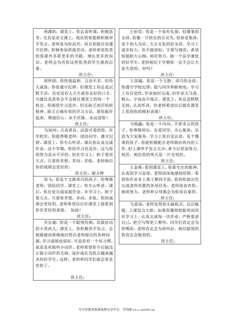 小学三年级班主任评语-教务资料网