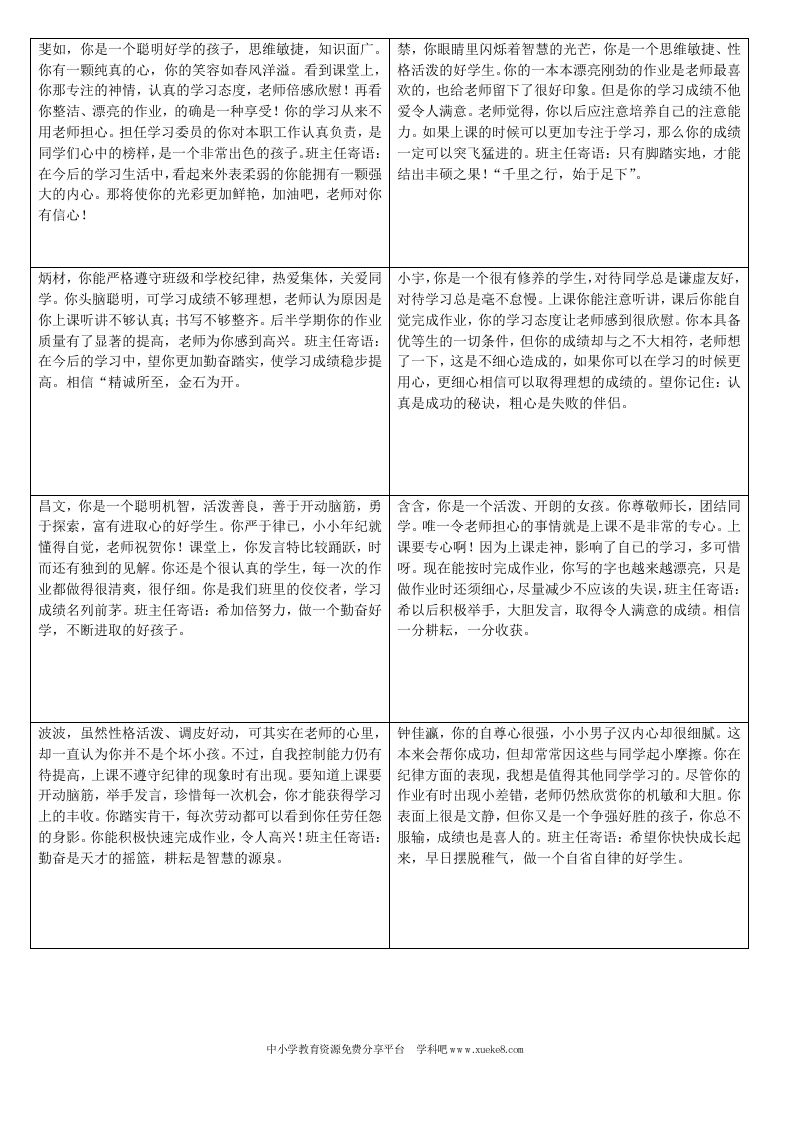 一年级上评语-教务资料网
