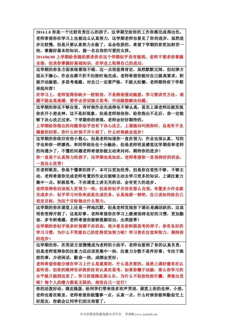 小学三年级学生期末评语–-教务资料网