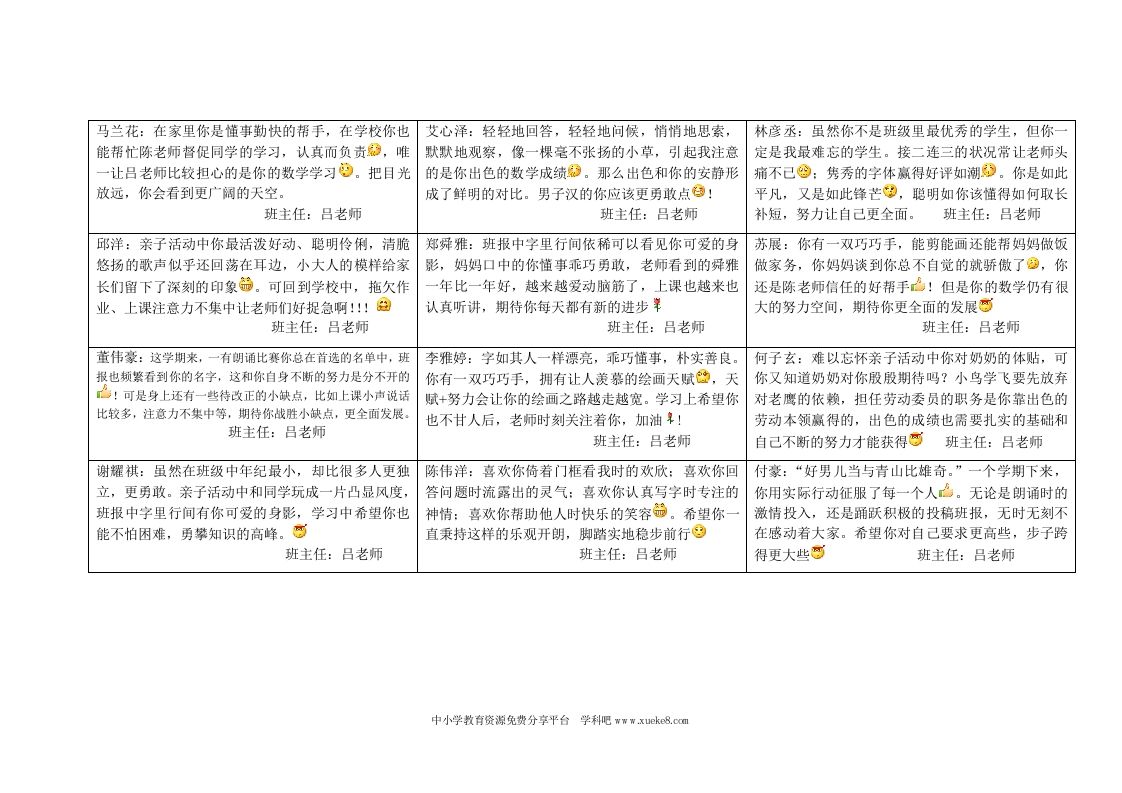 五年级上学期学生评语-教务资料网