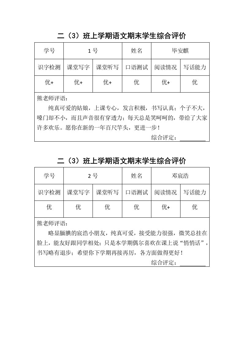 45份语文特色评价评语-教务资料网