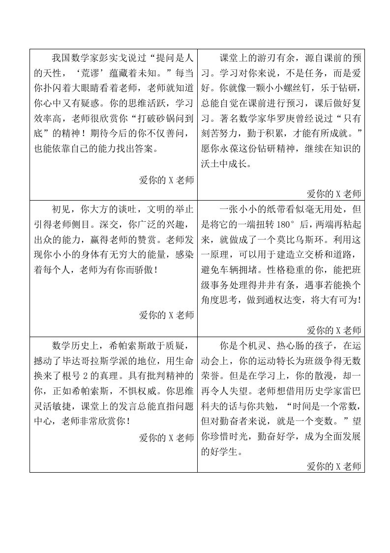 根据学生表现写富有数学味的期末评语-教务资料网