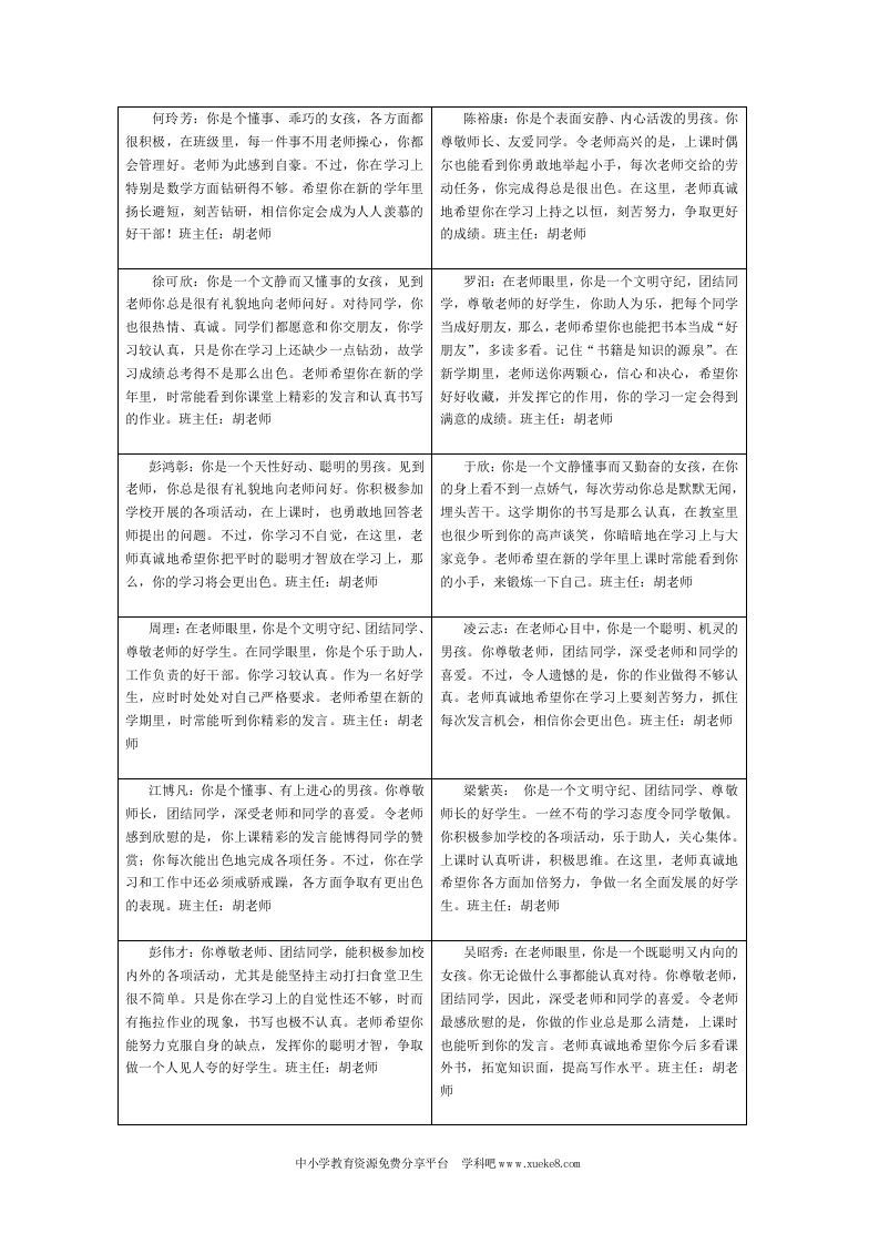 四年级学生评语(2)-教务资料网