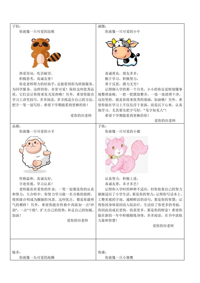 根据学生特点写小动物类型的评语-教务资料网