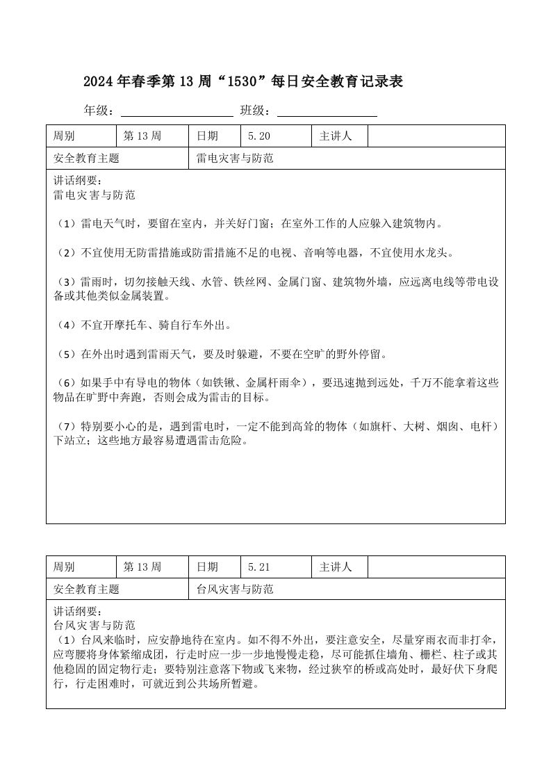 2024年春季第13周“1530”每日安全教育记录表内容资料参考-教务资料网