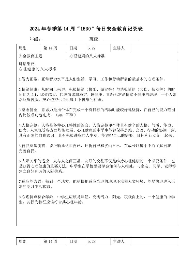 2024年春季第14周“1530”每日安全教育记录表内容资料参考-教务资料网