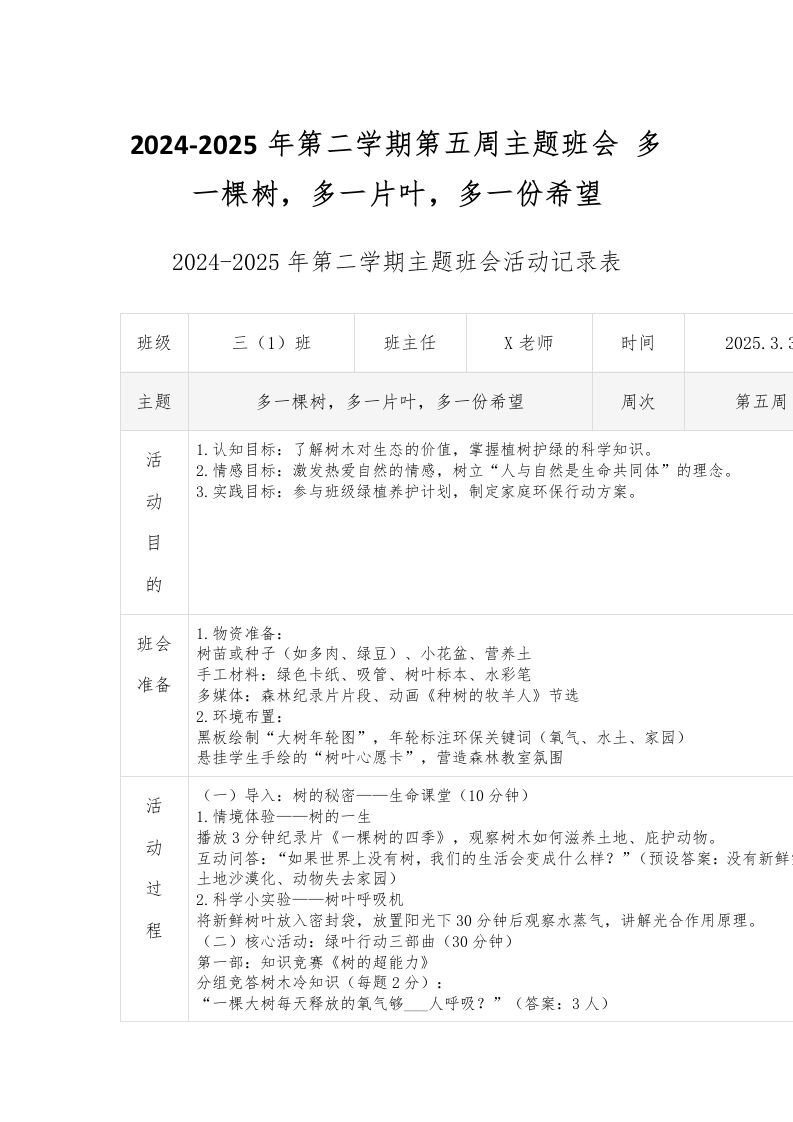 2024-2025年第二学期第五周主题班会多一棵树，多一片叶，多一份希望-教务资料网