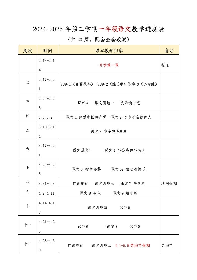 2024-2025年第二学期语文教学进度表-教务资料网