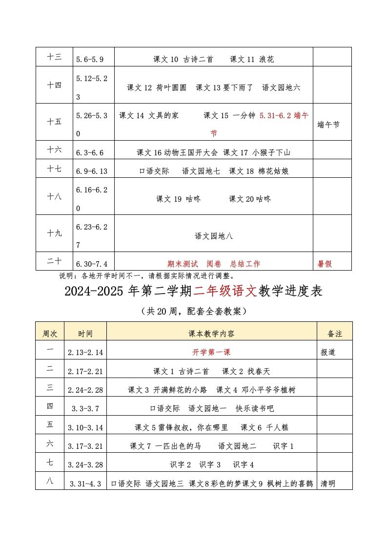 图片[2]-2024-2025年第二学期语文教学进度表-教务资料网