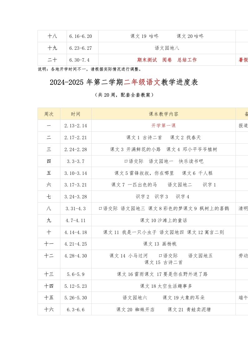 图片[2]-2024-2025年第二学期一年级语文教学进度表-教务资料网