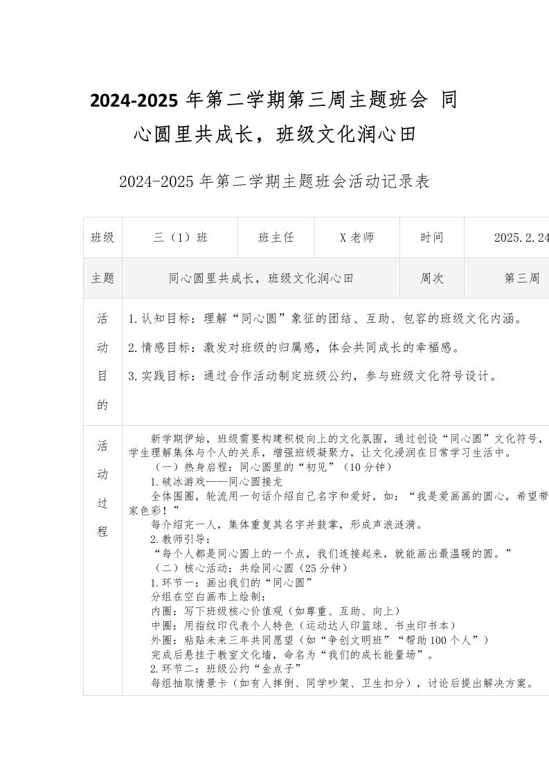 2024-2025年第二学期第三周主题班会同心圆里共成长，班级文化润心田-教务资料网