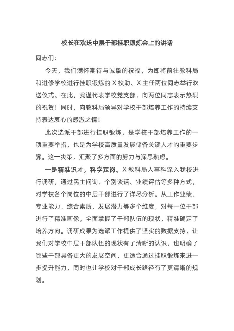 校长在欢送中层干部挂职锻炼会上的讲话-教务资料网