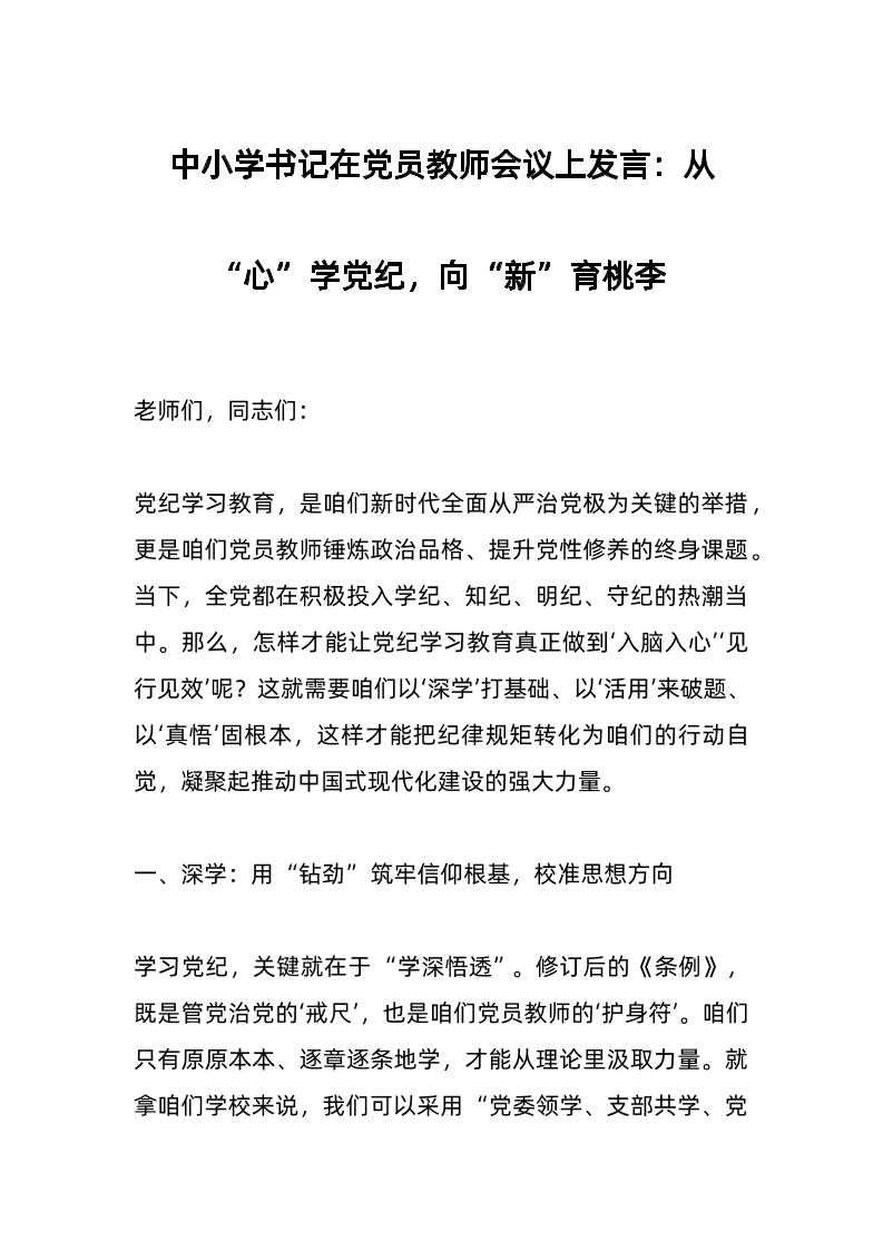 中小学书记在d员教师会议上发言：从“心”学d纪，向“新”育桃李-教务资料网