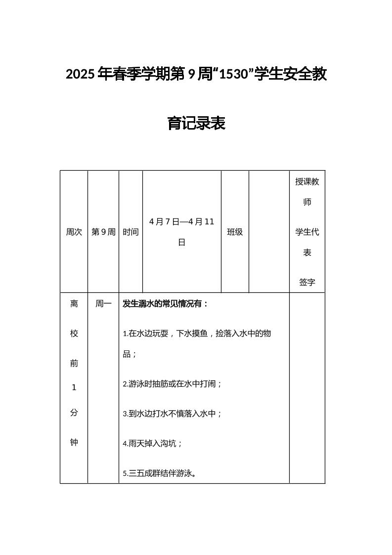 2025年春季学期第9周“1530”学生安全教育记录表-教务资料网