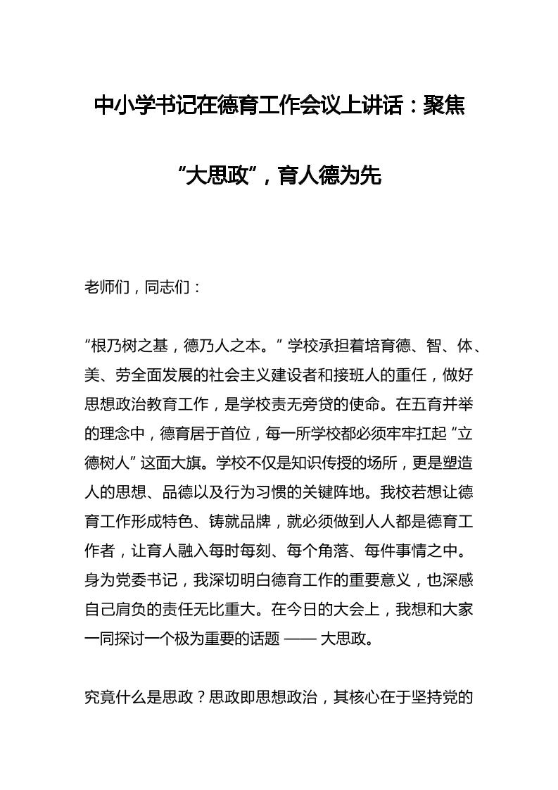 中小学书记在德育工作会议上讲话：聚焦“大思政”，育人德为先-教务资料网