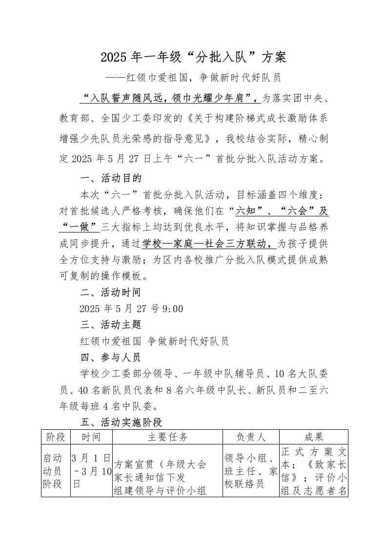 2025年一年级分批入队活动方案-教务资料网