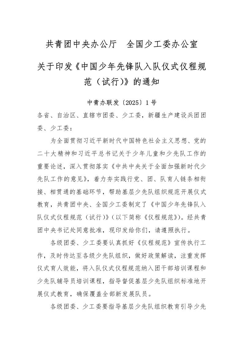 2025版《中国少年先锋队入队仪式仪程规范（试行）》的通知-教务资料网