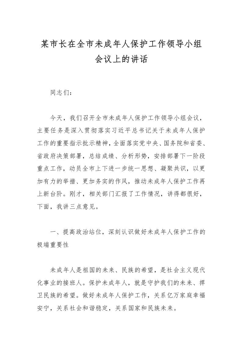 某市长在全市未成年人保护工作领导小组会议上的讲话-教务资料网