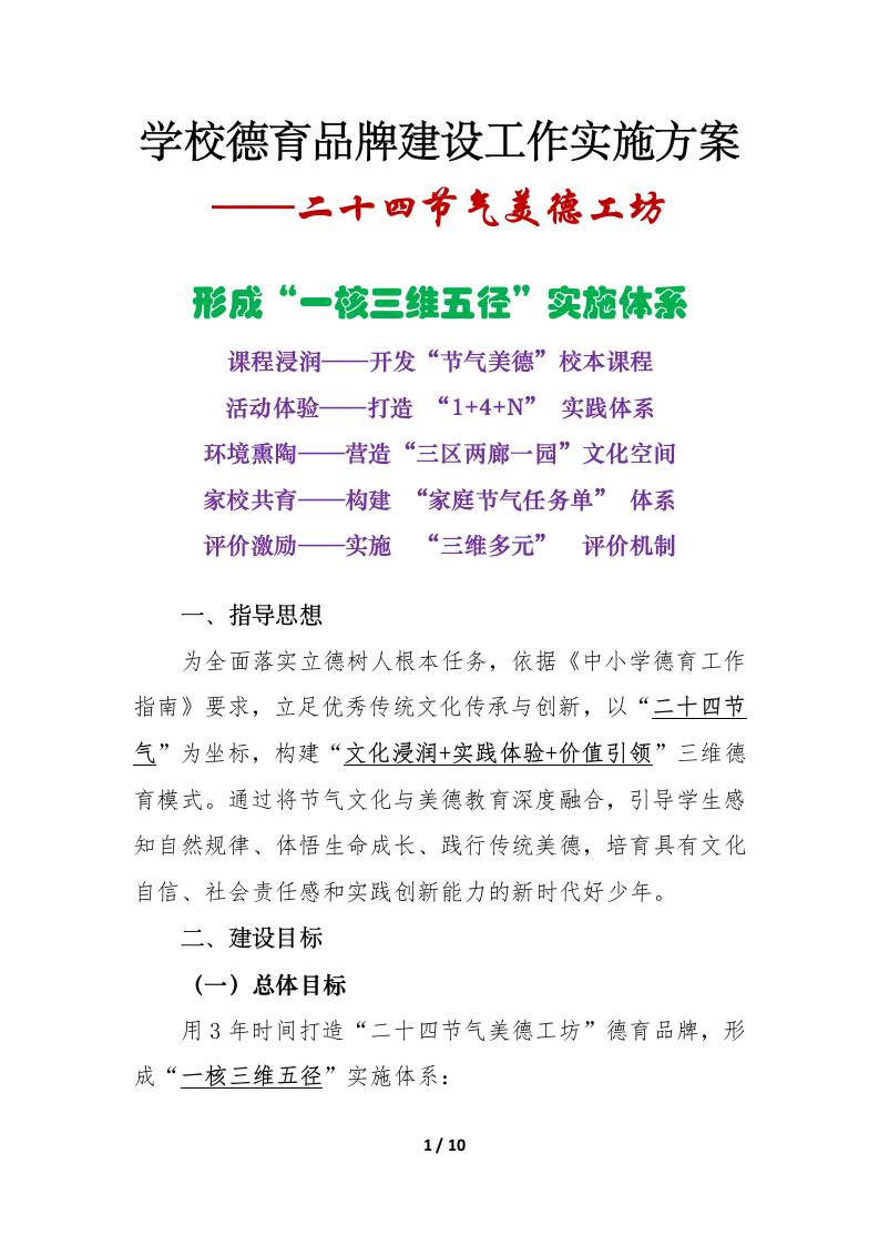 二十四节气美德工坊——学校德育品牌建设工作实施方案-教务资料网