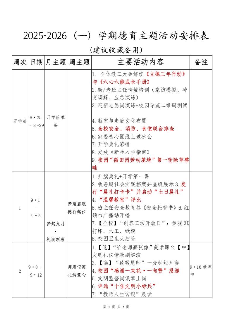 2025-2026（一）秋季第一学期德育活动安排表-教务资料网