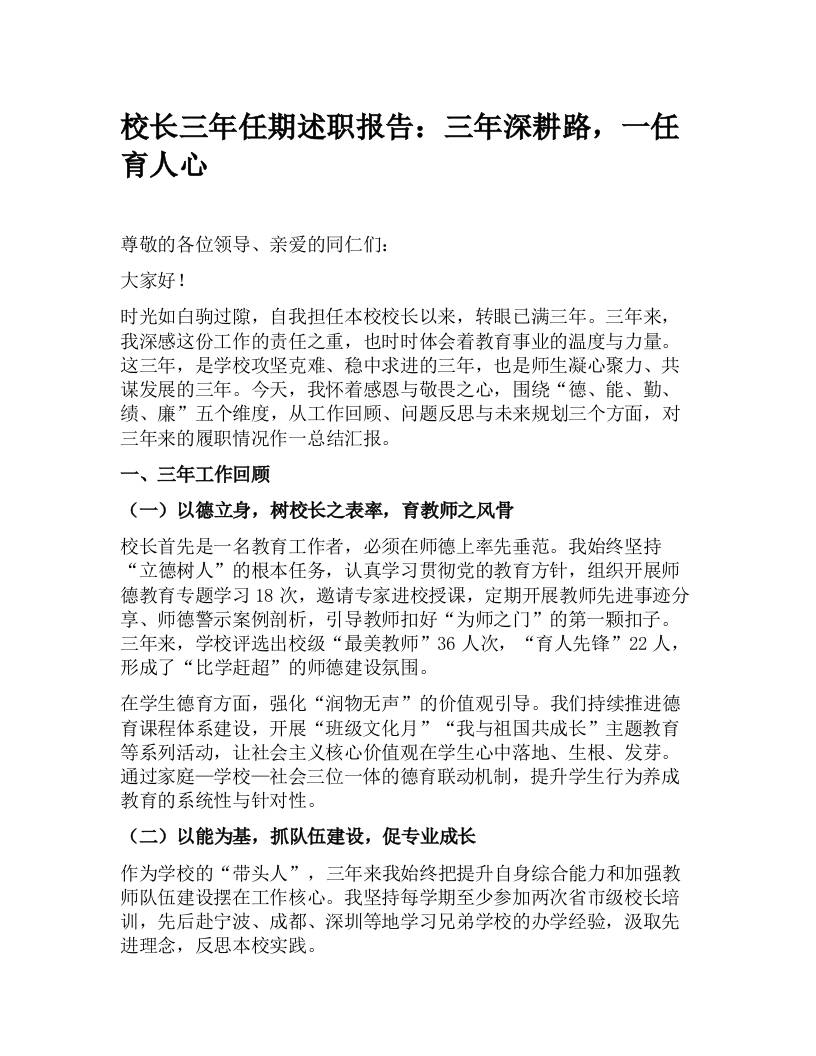 校长三年任期述职报告：三年深耕路，一任育人心-教务资料网