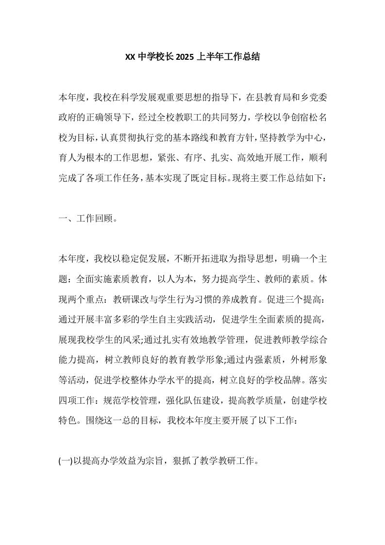 XX中学校长2025上半年工作总结-教务资料网