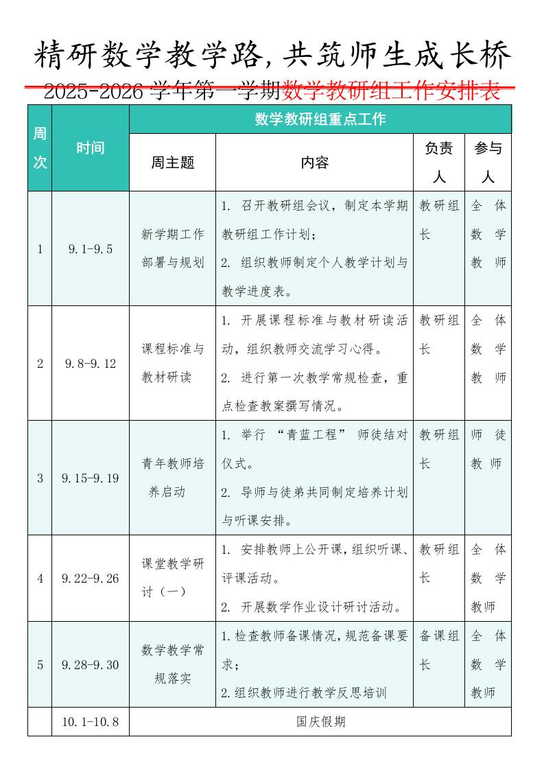 2025-2026学年第一学期数学教研组工作安排表：精研数学教学路，共筑师生成长桥-教务资料网