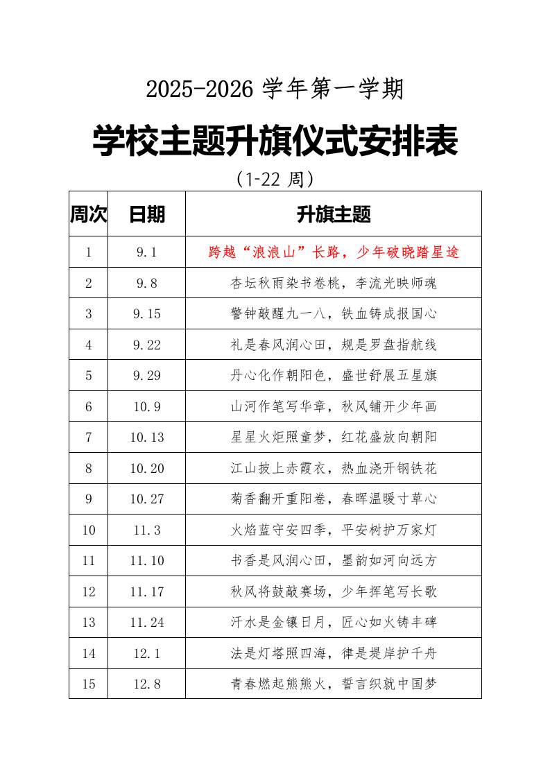 2025年秋季第一学期升旗仪式安排表21周-教务资料网