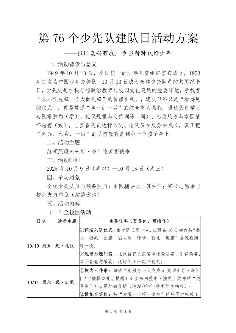 第76个少先队建队日活动方案：强国复兴有我，争当新时代好少年-教务资料网