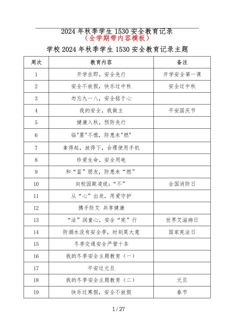 学校2024年秋季学生1530安全教育记录（全学期带内容模板）-教务资料网