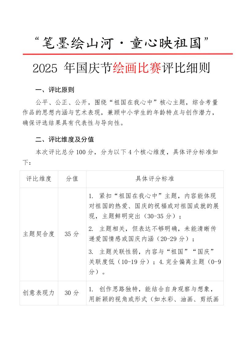 “笔墨绘山河・童心映祖国”——2025年国庆节绘画比赛评比细则-教务资料网