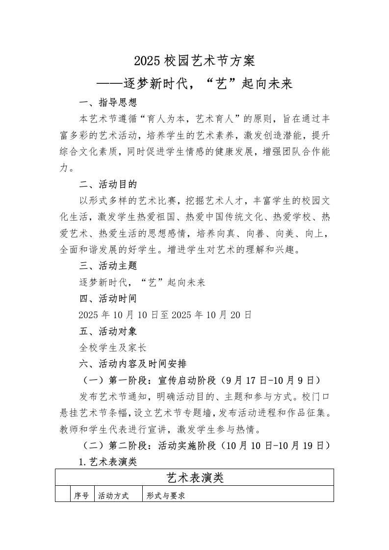 2025年校园艺术节分年级活动方案：逐梦新时代，“艺”起向未来-教务资料网