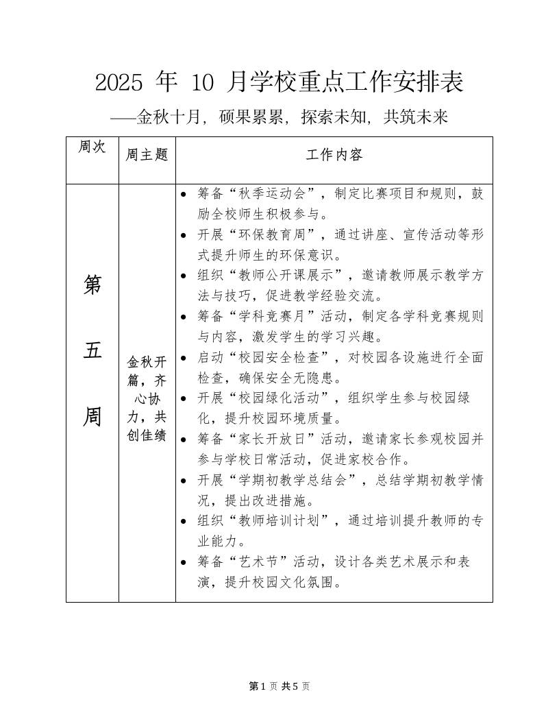 2025年10月份学校工作安排表-教务资料网