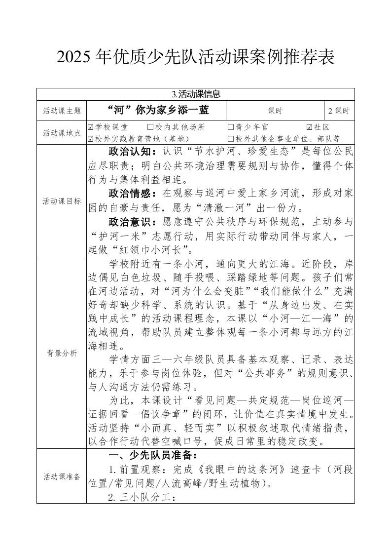 2025年优质少先队活动课案例推荐表——“河”你为家乡添一蓝-教务资料网