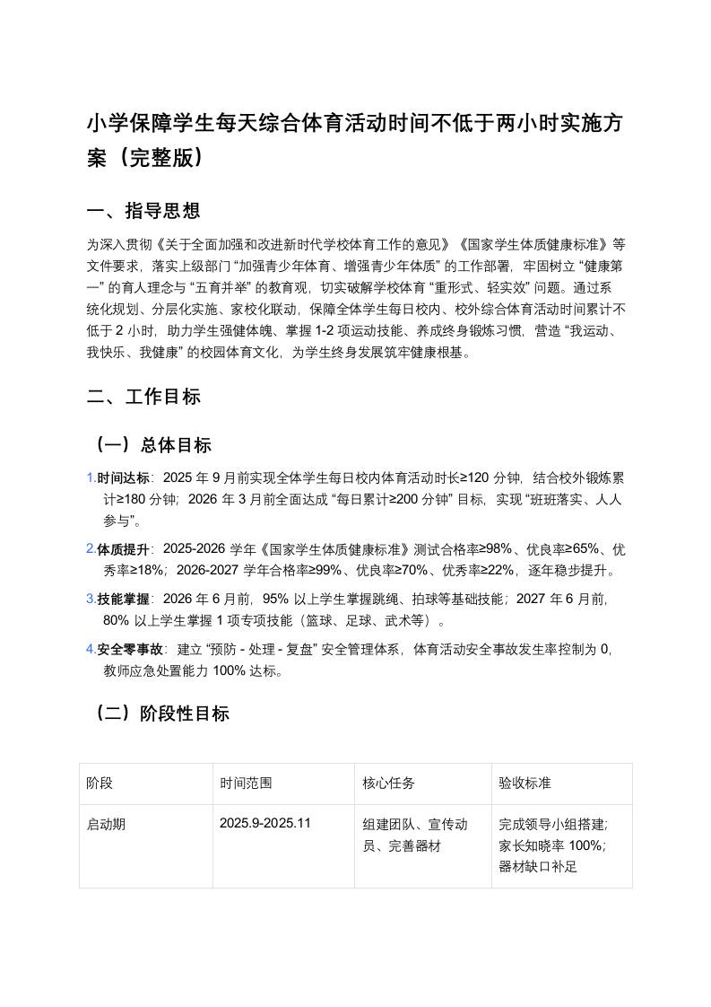 小学保障学生每天综合体育活动时间不低于两小时实施方案（完整版）-教务资料网
