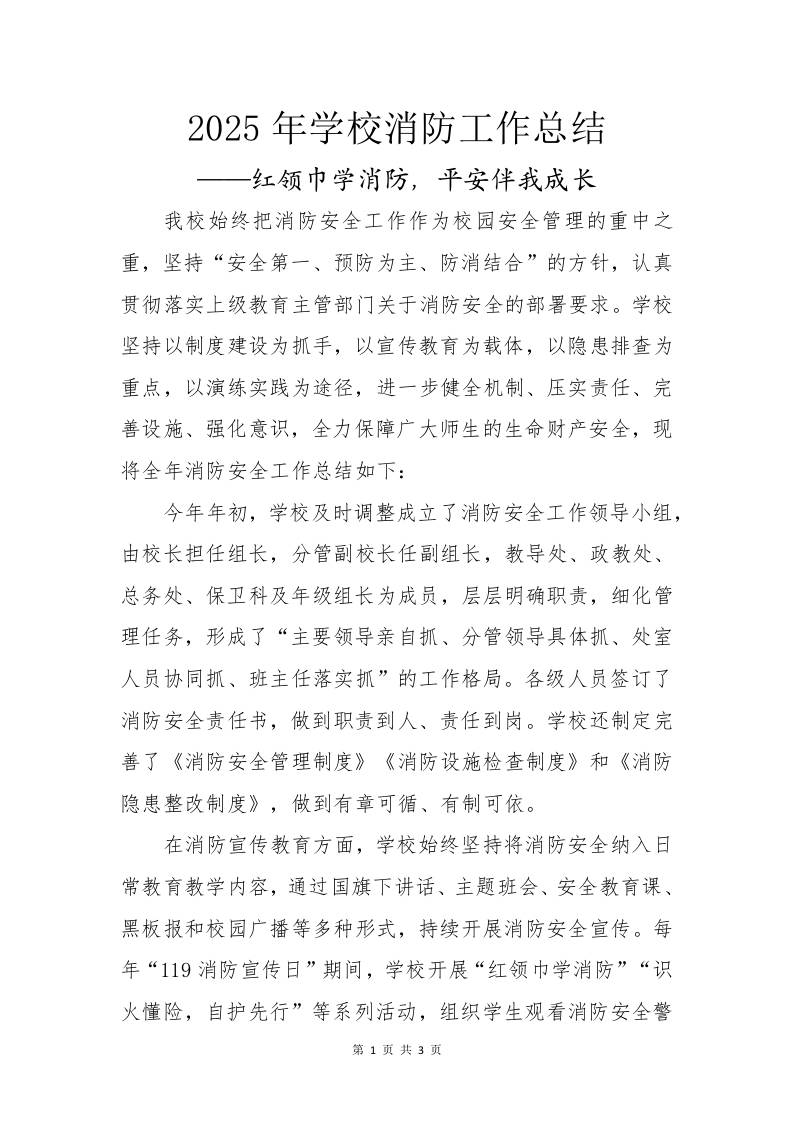 2025年学校消防工作总结——红领巾学消防，平安伴我成长-教务资料网