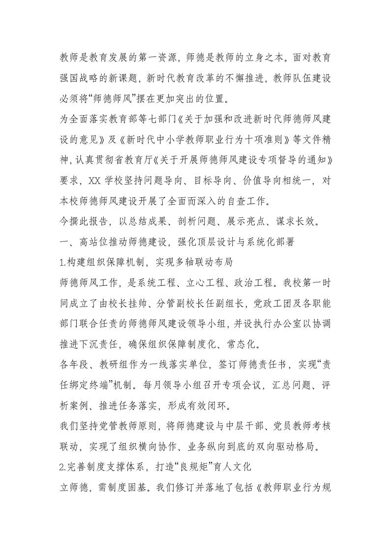 XX学校师德师风建设专项督导工作自查报告-教务资料网