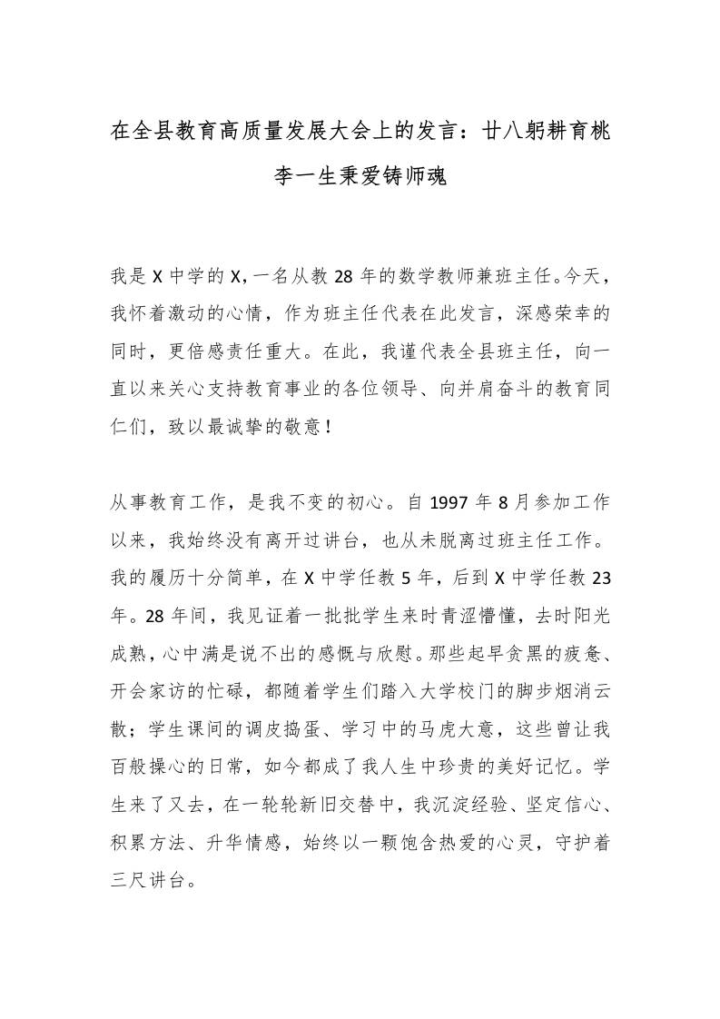 在全县教育高质量发展大会上的发言：廿八躬耕育桃李一生秉爱铸师魂-教务资料网