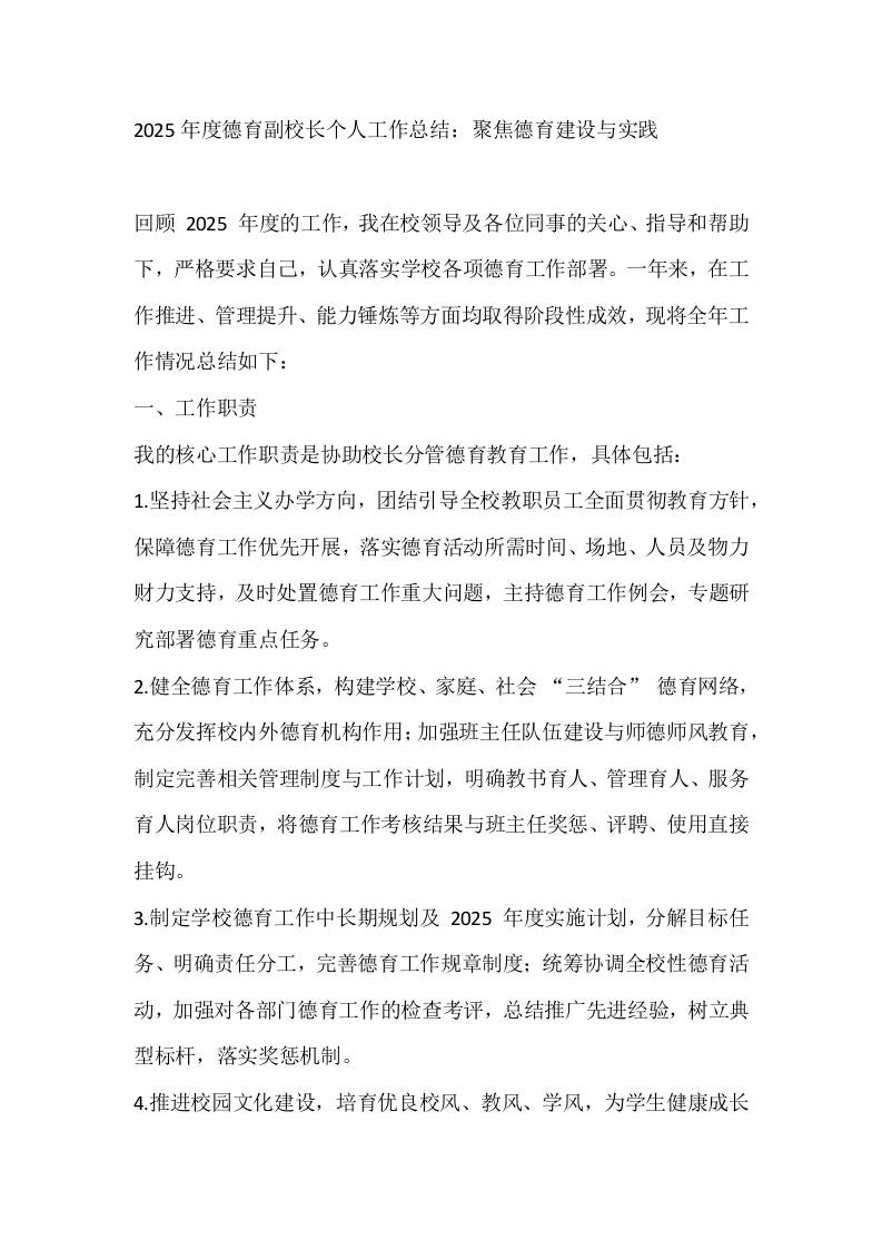 2025年度德育副校长个人工作总结：聚焦德育建设与实践-教务资料网