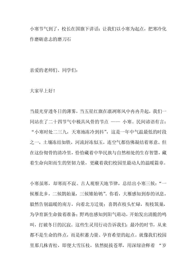 小寒节气到了，校长在国旗下讲话：让我们以小寒为起点，把寒冷化作磨砺意志的磨刀石-教务资料网
