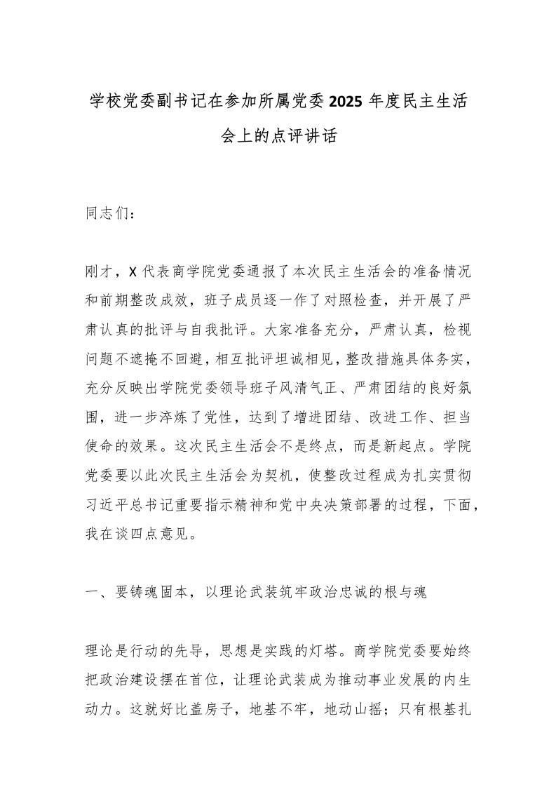 学校党委副书记在参加所属党委2025年度民主生活会上的点评讲话-教务资料网