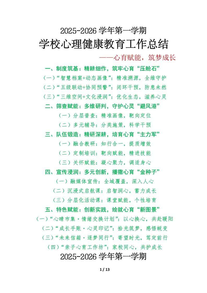 2025年秋季第一学期学校心理健康教育工作总结：心育赋能，筑梦成长-教务资料网