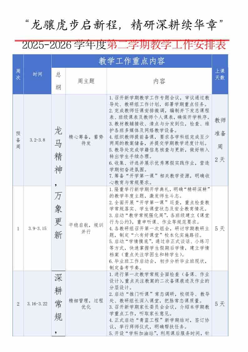 2025-2026学年第二学期教学工作安排表：龙骧虎步启新程，精研深耕续华章-教务资料网