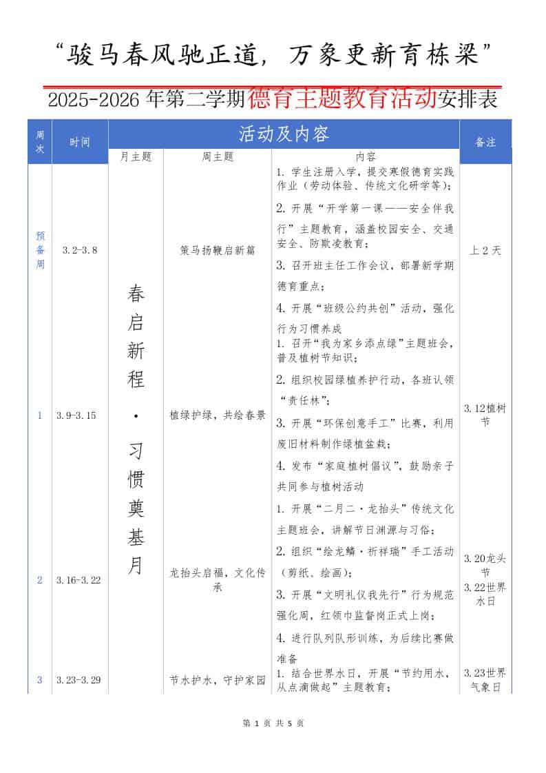 2025-2026年第二学期德育主题教育活动安排表（一）：骏马春风驰正道，万象更新育栋梁-教务资料网