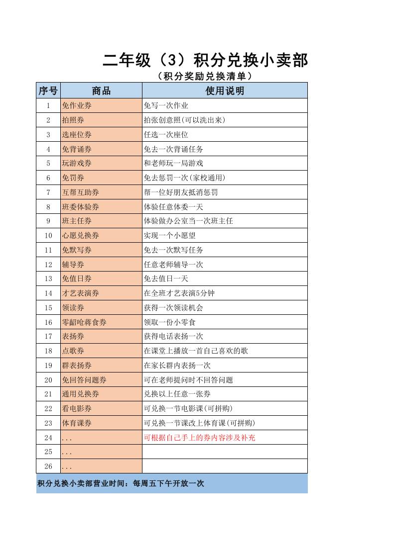 33-积分兑换小卖部（积分奖励兑换清单）-教务资料网