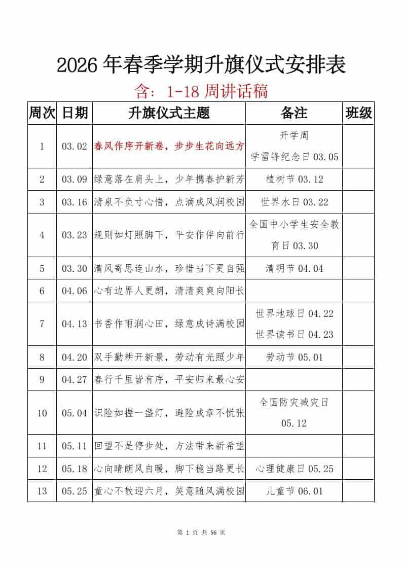 2026年春季学期升旗仪式安排表及讲话稿(18周)：春风作序开新卷，步步生花向远方-教务资料网