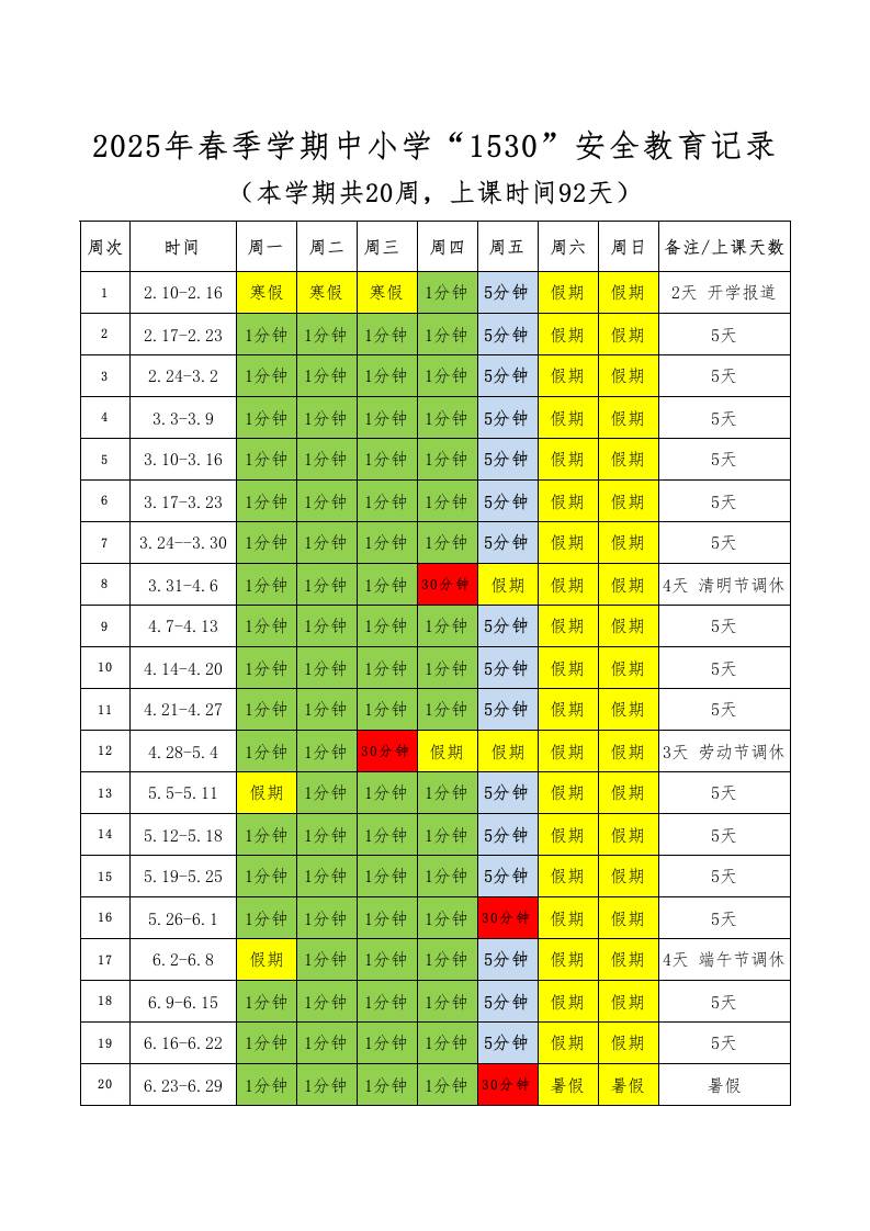 2025年春季学期中小学“1530”安全教育安排表(1)-教务资料网