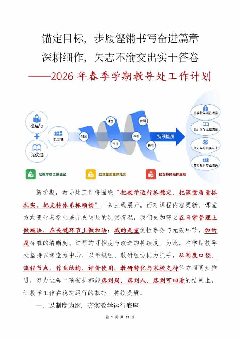 2026年春季学期教导处工作计划——锚定目标，步履铿锵书写奋进篇章，深耕细作，矢志不渝交出实干答卷-教务资料网