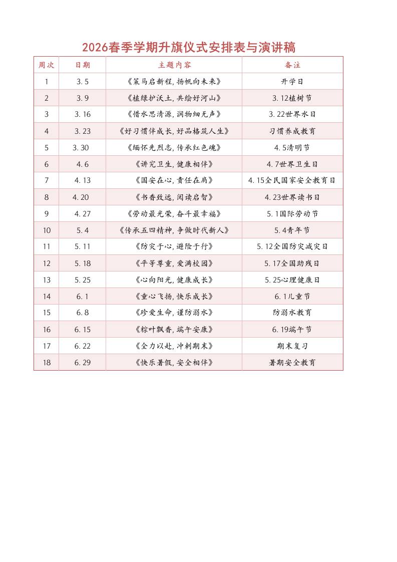 2026年春季学期升旗仪式安排表18周-教务资料网