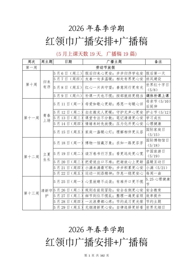 2026年春季学期每日红领巾广播安排表及广播稿(5-6月)-教务资料网